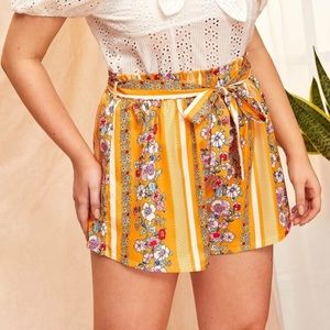 Yellow floral belted shorts